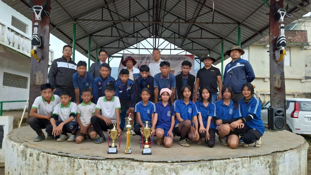 Winners of the second edition of the Wokha District inter-school Sepaktakraw tournament 2024 with organizers and guest of honour Yanrenthung Humtsoe.